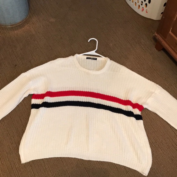 white w/ red and blue striped sweater - Picture 2 of 2